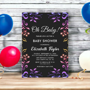 Elegant Modern Neon Roses Black Floral Baby Shower Invitation