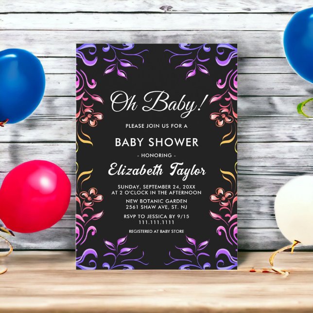 Elegant Modern Neon Roses Black Floral Baby Shower Invitation (Creator Uploaded)