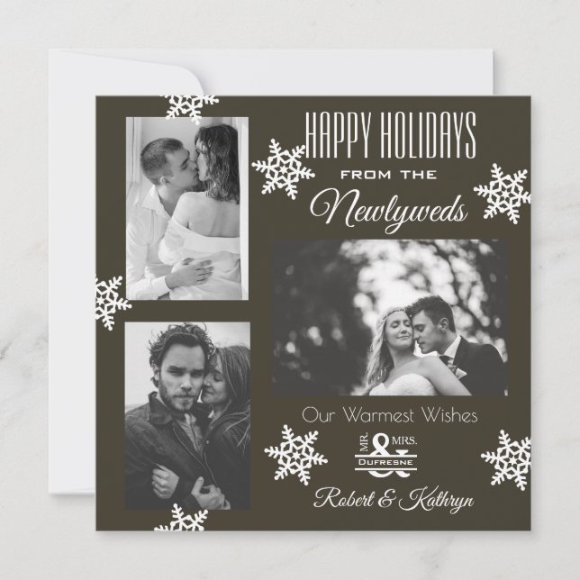 Elegant & Modern Newlywed 3 Photo Christmas Brown Holiday Card (Front)