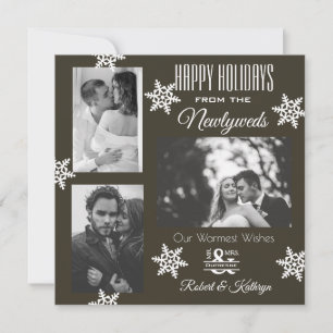 Elegant & Modern Newlywed 3 Photo Christmas Brown Holiday Card