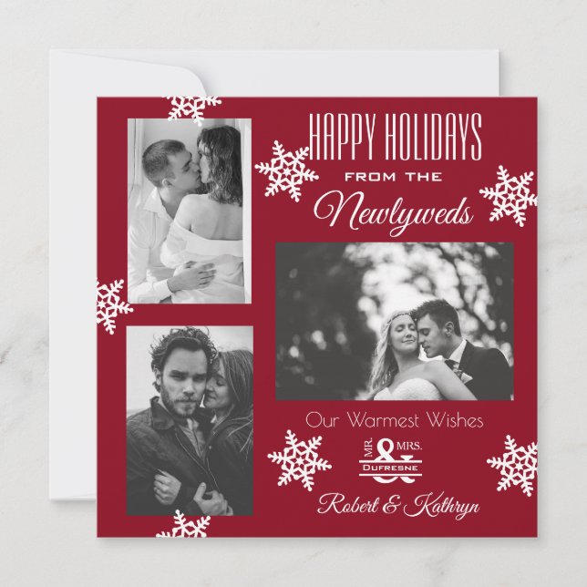 Elegant & Modern Newlywed Three Photo Christmas Holiday Card (Front)