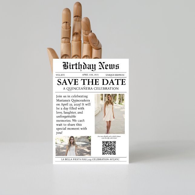 Elegant modern Newspaper Quinceañera qr code Save The Date (Creator Uploaded)