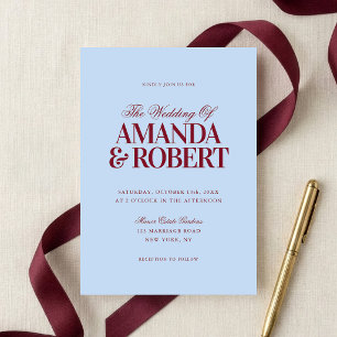 Elegant Modern Old Money Blue and Burgundy Wedding Invitation