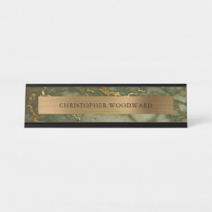 Elegant Modern Olive Green Marble Brushed Gold Desk Name Plate