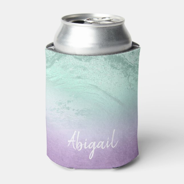 Elegant modern ombre purple & mint glitter marble can cooler (Can Front)