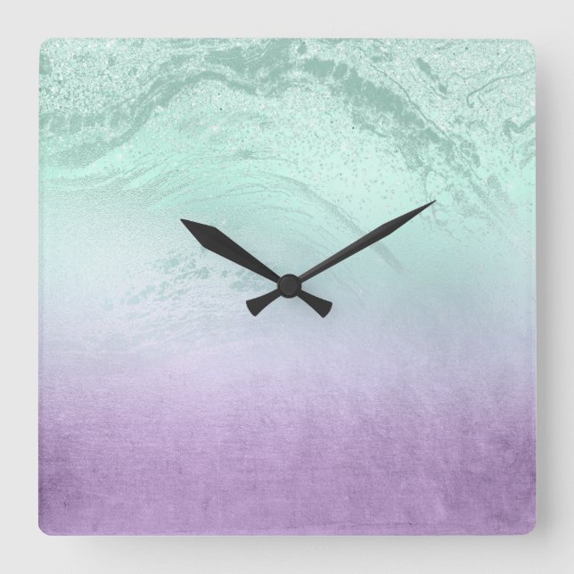 Elegant modern ombre purple & mint glitter marble square wall clock (Front)