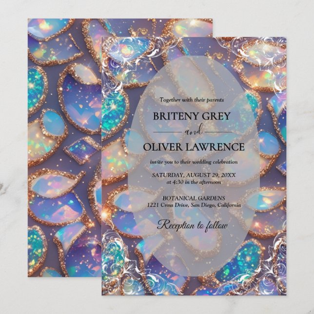 Elegant Modern opal stone and glitter weeding Invitation (Front/Back)