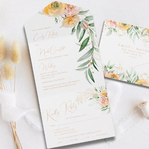 Elegant Modern Orange Yellow Watercolor Floral  All In One Invitation