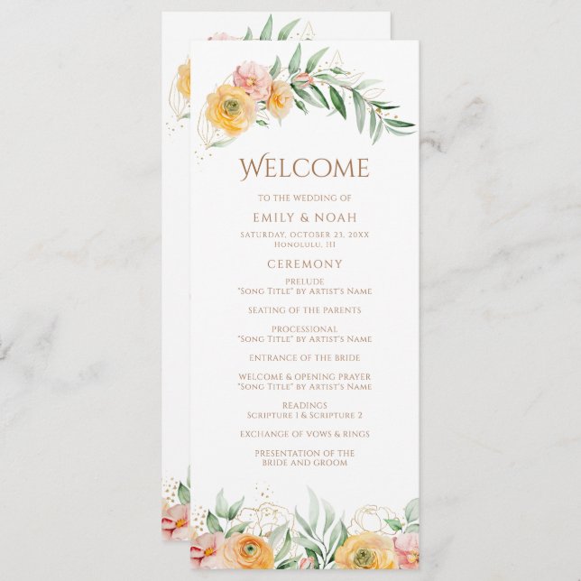 Elegant Modern Orange Yellow Watercolor Floral  Program (Front/Back)