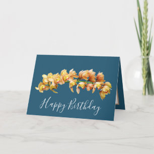 Elegant Modern Orchids Cyan Back Flower Birthday Card