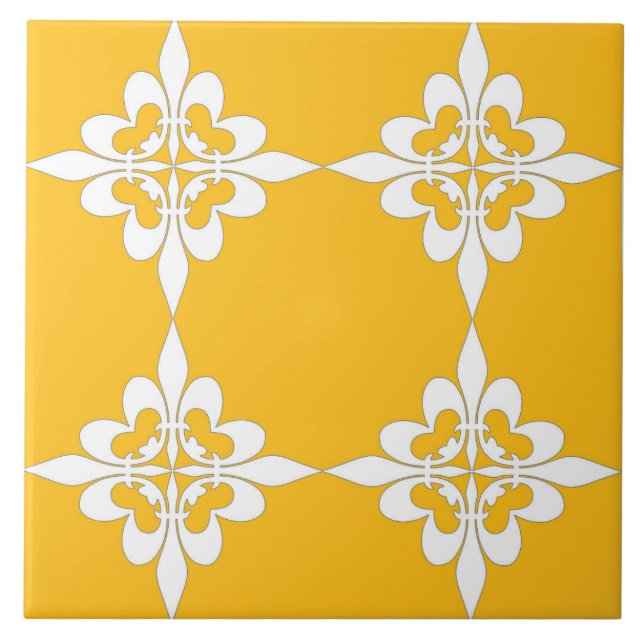 Elegant, modern, ornamental, mustard yellow, white ceramic tile (Front)