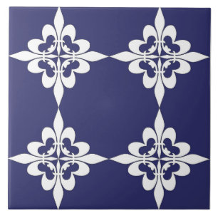Elegant, modern, ornamental, navy blue, white ceramic tile