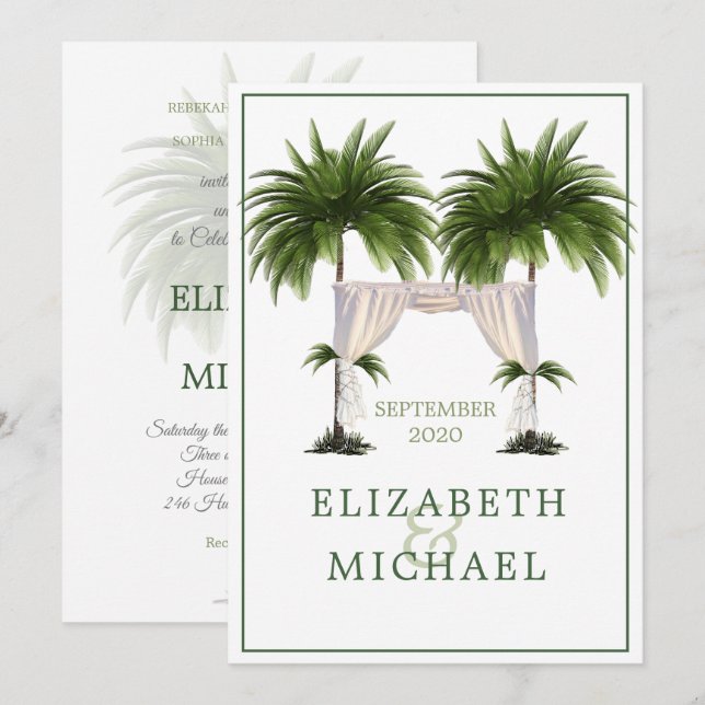 Elegant Modern  Palm Jewish Wedding Chuppah Invitation (Front/Back)