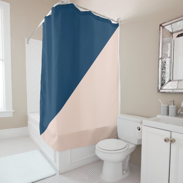 elegant modern pastel peach navy blue colour block shower curtain (In Situ)