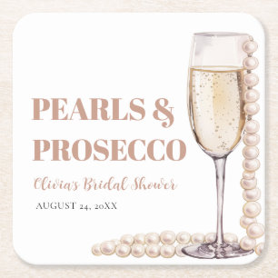 Elegant Modern Pearls and Prosecco Bridal Shower Square Paper Coaster