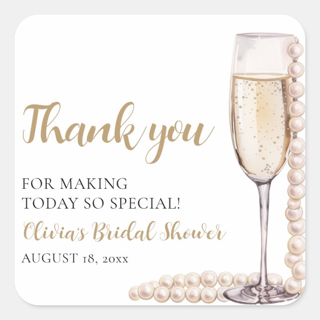 Elegant Modern Pearls and Prosecco Bridal Shower Square Sticker (Front)
