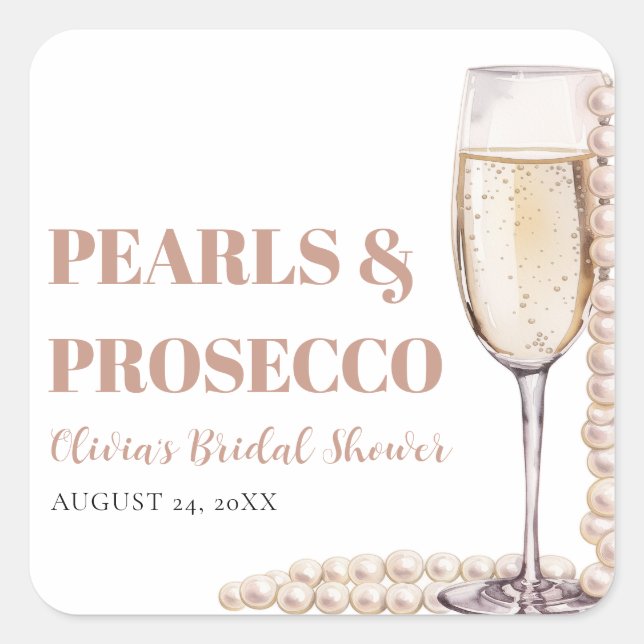 Elegant Modern Pearls and Prosecco Bridal Shower Square Sticker (Front)