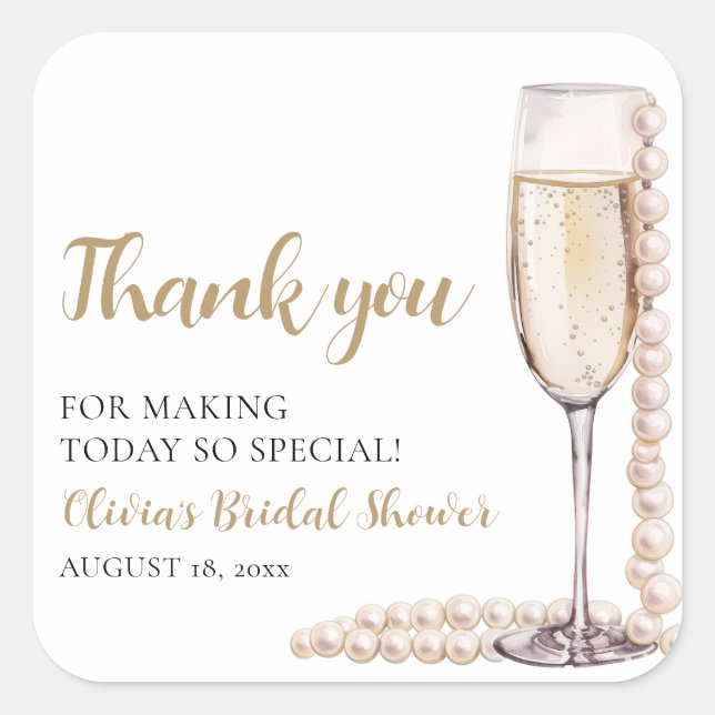 Elegant Modern Pearls and Prosecco Bridal Shower Square Sticker (Front)