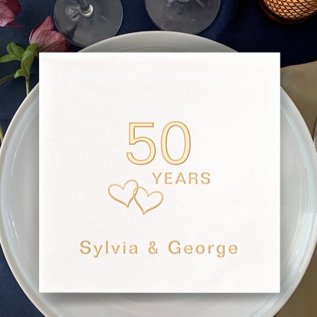 Elegant Modern Personalised 50th Anniversary Party Foil Napkins (Add couple’s names for a personalized real gold foil 50th anniversary party napkins. Stylish hearts.)