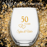 Elegant Modern Personalised Gold 50th Anniversary Stemless Wine Glass<br><div class="desc">Customise this elegant stylish 50th wedding anniversary keepsake glass by adding the couple's names. It would be a treasured anniversary gift. My original designer intertwined hearts accent the modern faux gold script "50 Years". Personalise the golden toned typography for a commemorative anniversary stemless wine glass. You can also change the...</div>