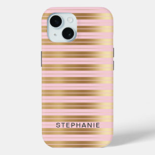 Elegant Modern Personalised Pink and Gold Stripe iPhone 15 Case