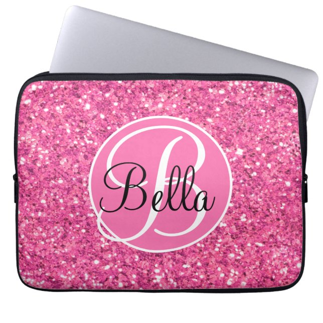 Elegant modern personalize pink sparkling glitter  laptop sleeve (Front)
