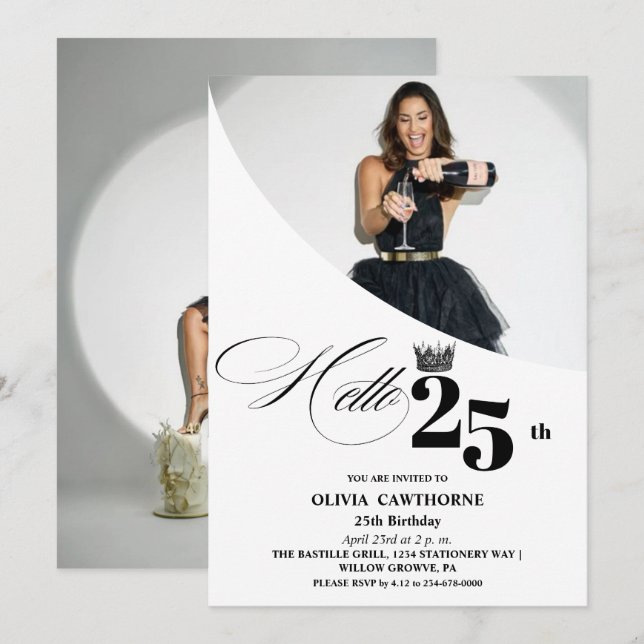Elegant Modern Photo 25th Birthday White Black Invitation (Front/Back)