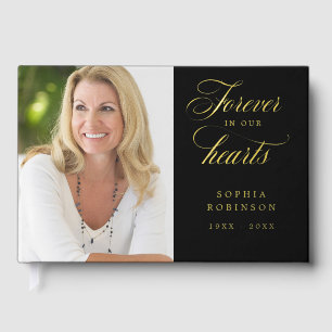 Elegant Modern Photo Black Funeral Memorial Gold Guest Book
