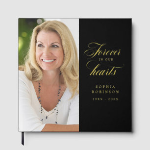 Elegant Modern Photo Black Funeral Memorial Gold Guest Book