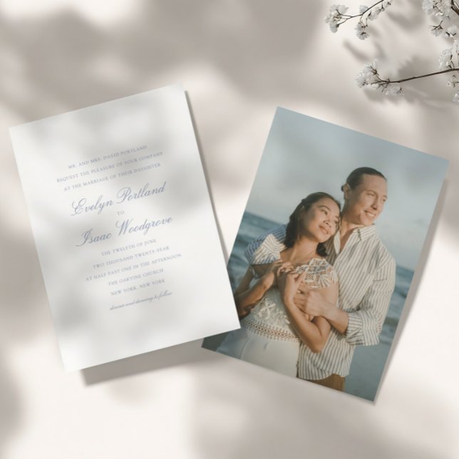 Elegant Modern Photo Dusty Blue Wedding Invitation (Creator Uploaded)