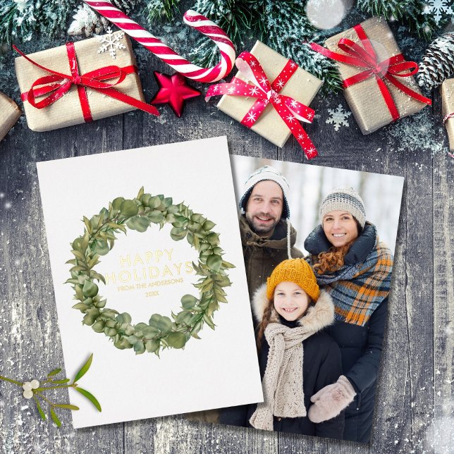 Elegant Modern Photo Greenery Christmas Gold Foil Holiday Card (Creator Uploaded)