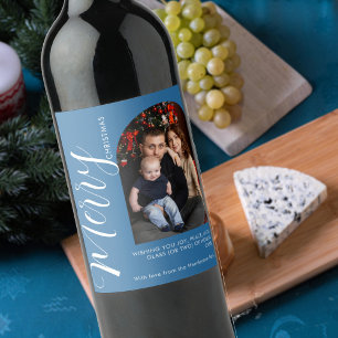 Elegant Modern Photo Holiday Tag Merry Christmas Wine Label