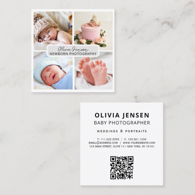 Elegant Modern photo Newborn Photographer qr code Square Business Card (Front/Back)
