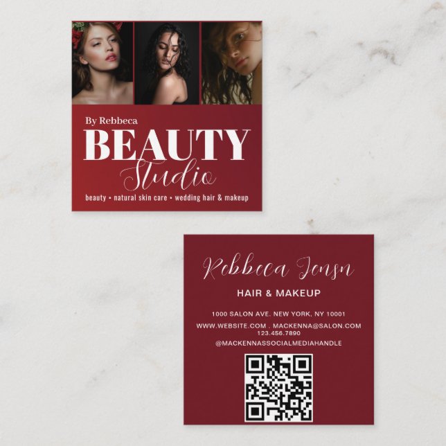 Elegant Modern Photo Portfolio Beauty Salon Red Square Business Card (Front/Back)