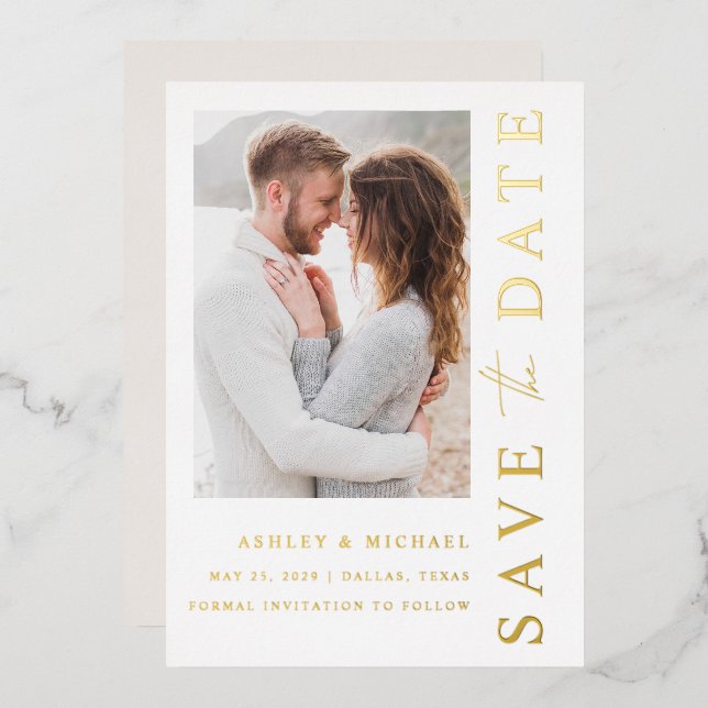 Elegant Modern Photo Wedding Save the Date Gold (Front/Back)