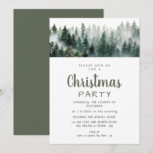 Elegant Modern Pine Forest Christmas Party Invitation (Front/Back)