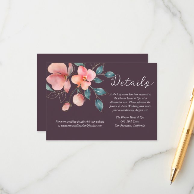 Elegant Modern Pink and Gold Floral Details Enclosure Card (Front/Back In Situ)