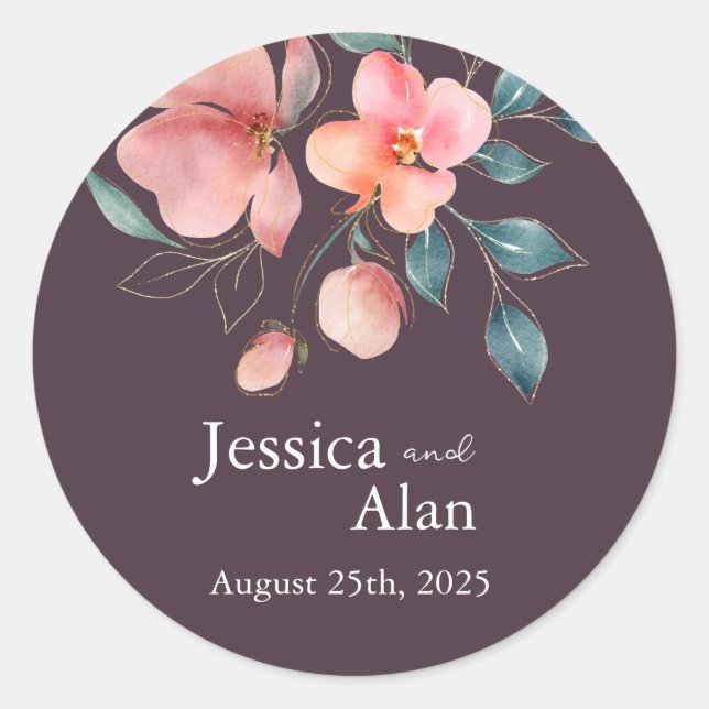 Elegant Modern Pink and Gold Floral Wedding Classic Round Sticker (Front)