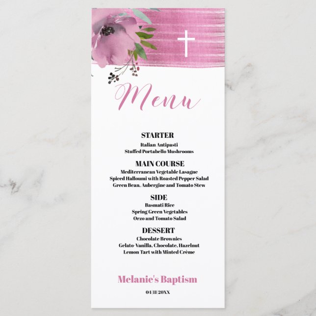 Elegant Modern pink Baptism 4x9 flat Menu Card (Front)