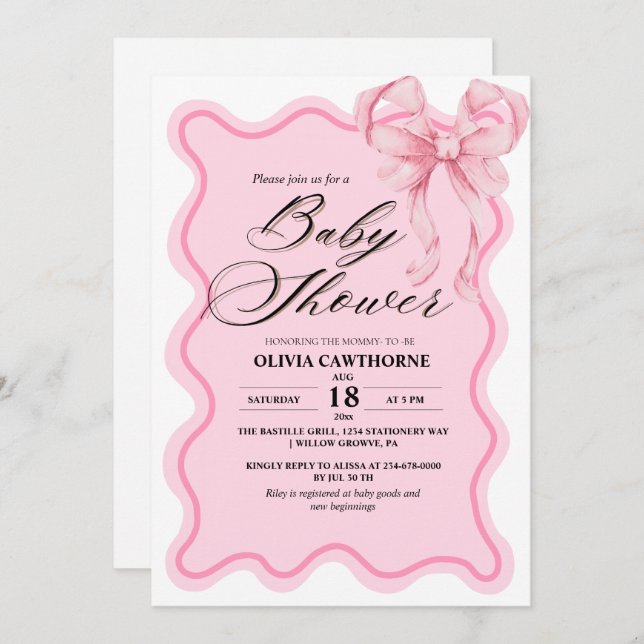 Elegant Modern Pink Bow Baby Shower Invitation (Front/Back)