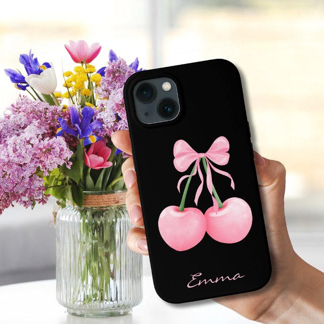 Elegant, Modern Pink Cherries with Pink Bow,Custom Case-Mate iPhone Case (Creator Uploaded)