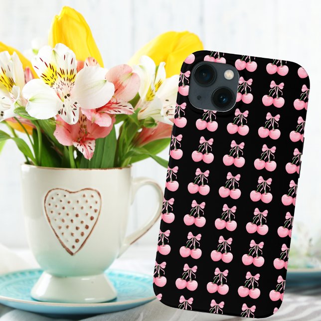 Elegant, Modern Pink Cherries with Pink Bow,Custom Case-Mate iPhone Case (Creator Uploaded)