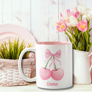 Elegant, Modern Pink Cherries with Pink Bow,Custom Two-Tone Coffee Mug