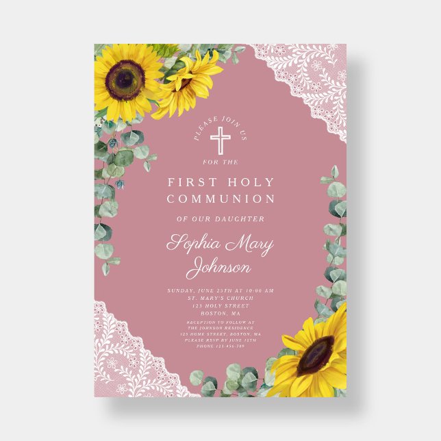 Elegant Modern Pink Floral Cross First Communion Invitation (Elegant Modern Pink Floral Cross First Communion Invitation)