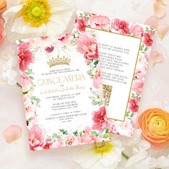 Elegant Modern Pink Floral Gold QR Quinceañera Invitation (Creator Uploaded)