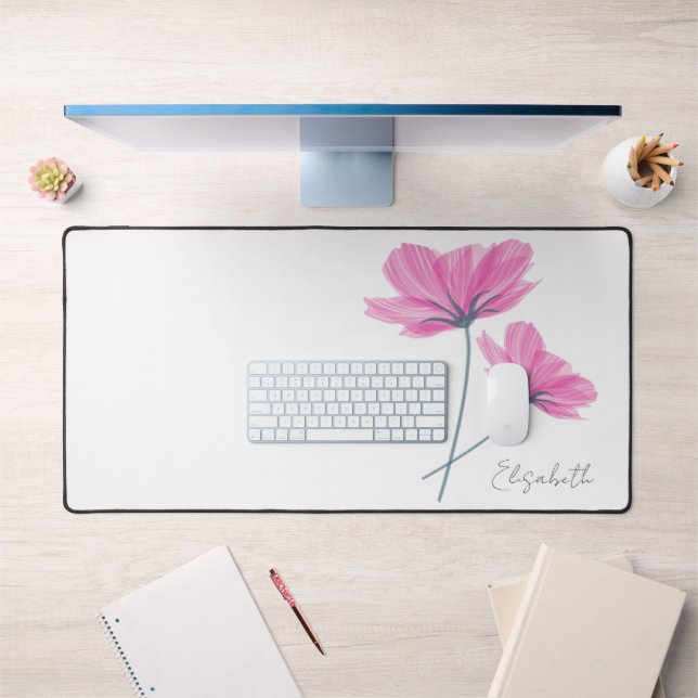  Elegant & Modern Pink Flowers Add Your Name White Desk Mat (Office 1)