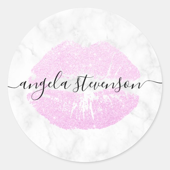 Elegant modern pink glitter lips white marble classic round sticker (Front)