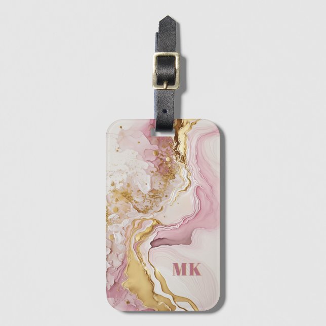 Elegant Modern Pink Gold Abstract Monogram Luggage Tag (Front Vertical)