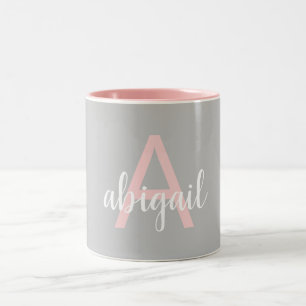 Elegant Modern Pink Grey Monogram Name Two-Tone Coffee Mug