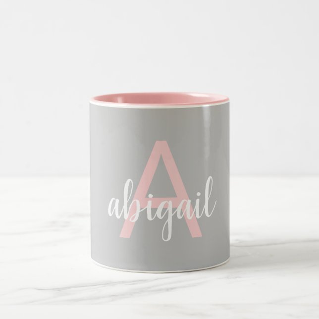 Elegant Modern Pink Grey Monogram Name Two-Tone Coffee Mug (Center)